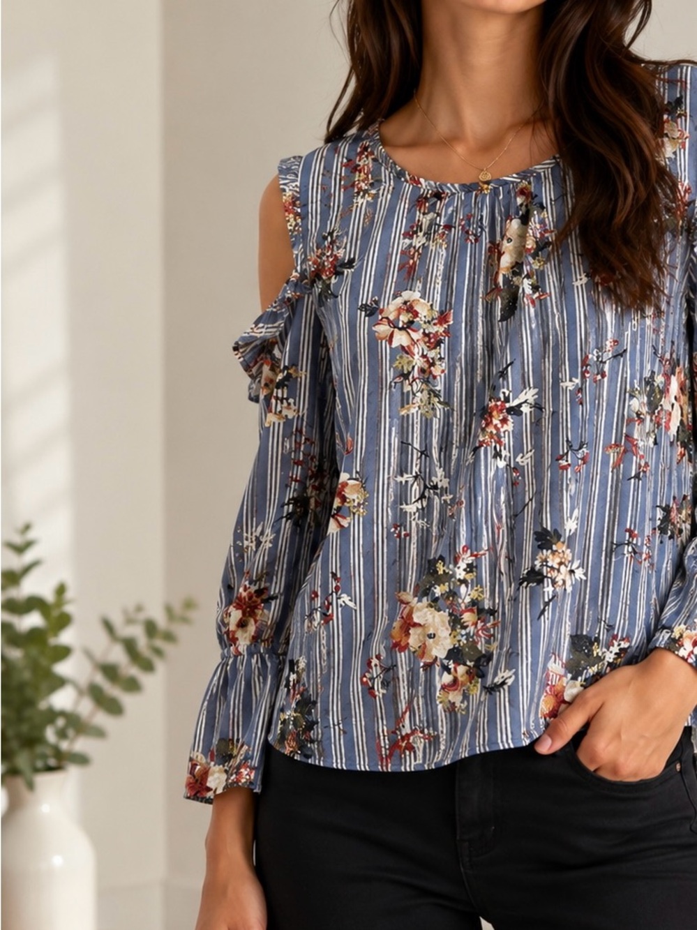 Maurices Blue Floral Stripe Cold-Shoulder Blouse
